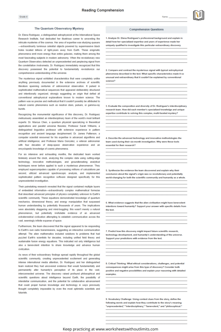Reading Comprehension Grade 4 Worksheets Free