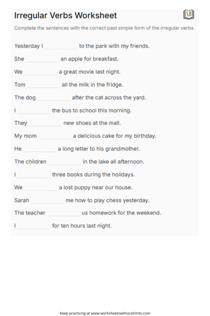 irregular past tense verbs worksheet