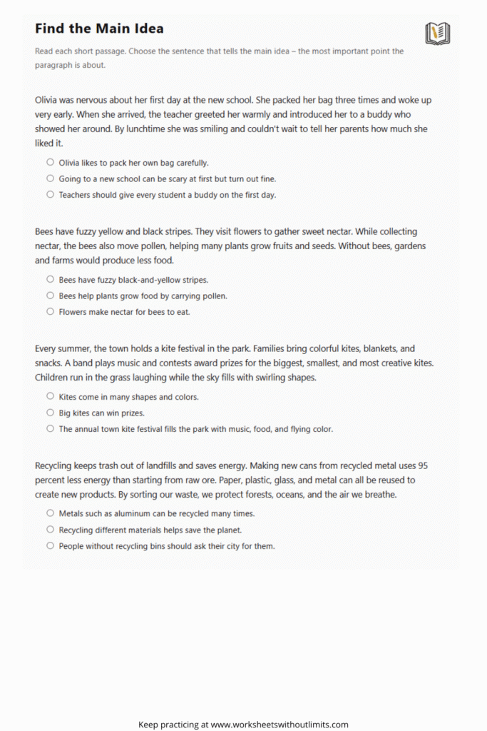 main idea worksheets 2nd grade