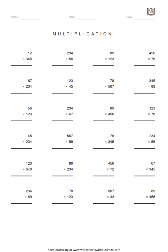 multiplication worksheets for 4th graders