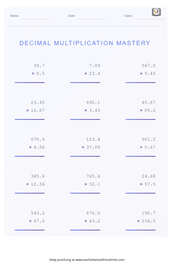 multiplying decimals workshet