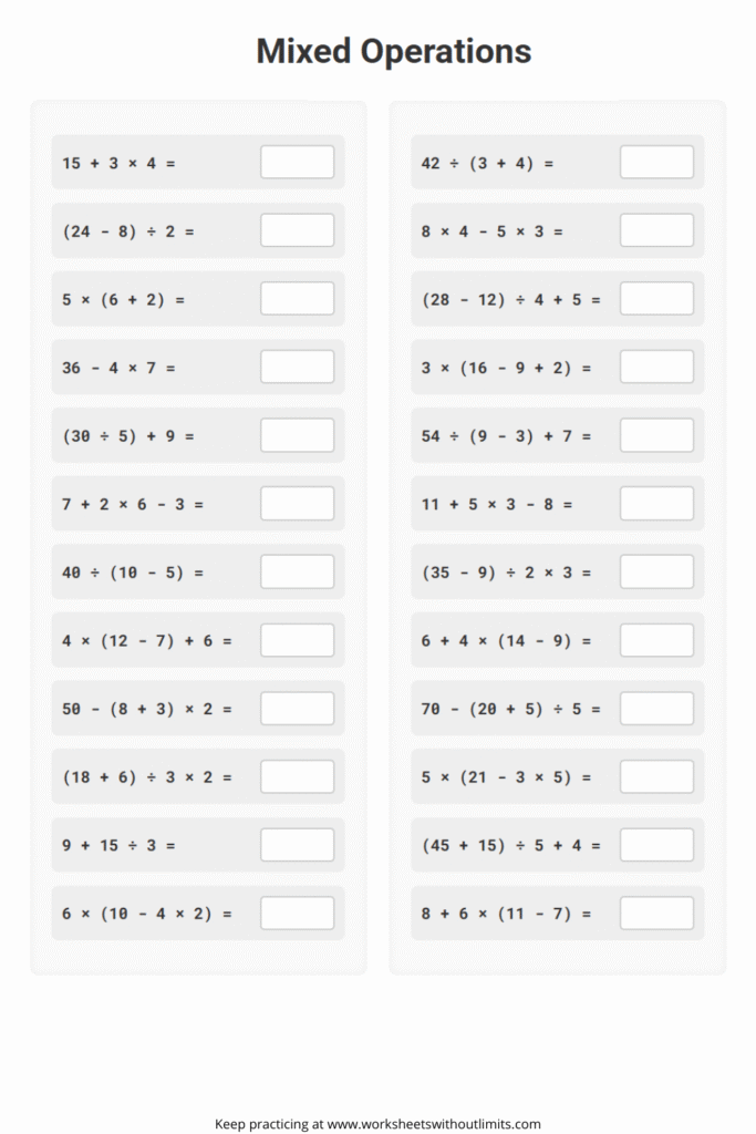 order of operations math worksheets