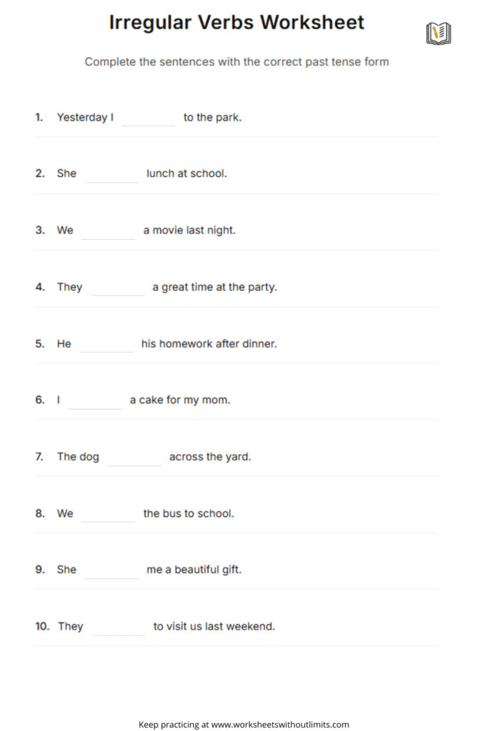 past form of irregular verbs worksheet