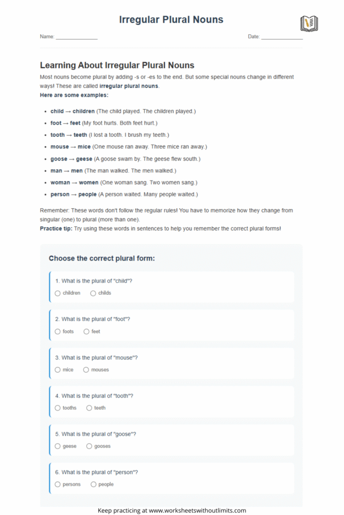 plural nouns irregular worksheet