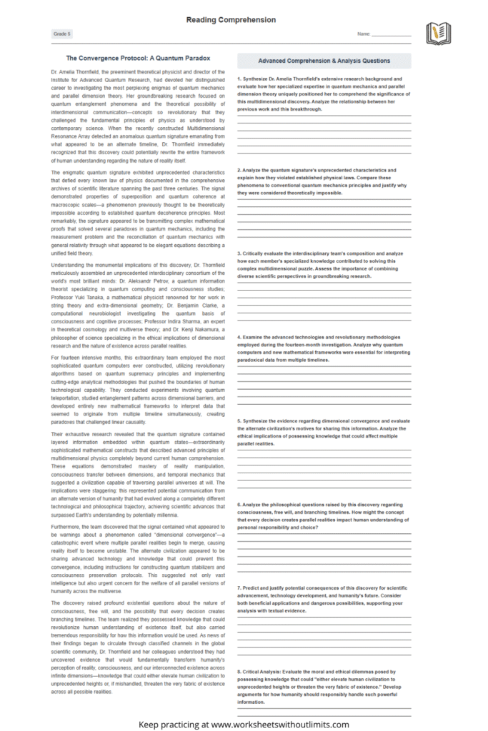 reading comprehension worksheets 5